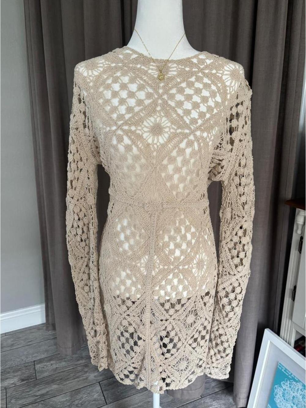 Lioness 3D Rosette Crochet Dress L Beige Boho